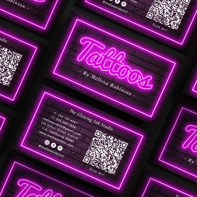 Carte De Visite Tatoueur Code QR Mur de Briques Noires Néon Violet (Créateur téléchargé)