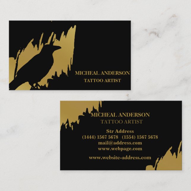Carte De Visite Tattoo Artist Black Crow Modern Gold Brush Stroke (Devant / Derrière)