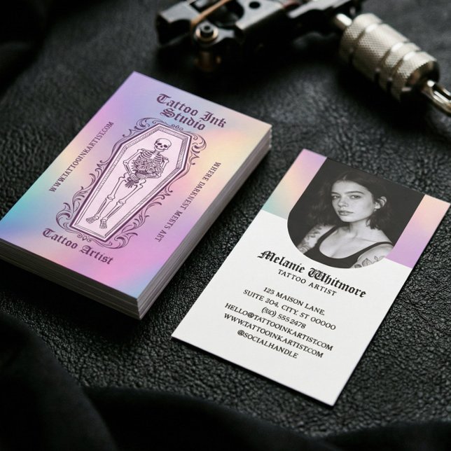 Carte De Visite Tattoo Artist Photo Iridescent Gothic Skeleton (Iridescent Gothic Skeleton Tattoo Artist Photo Business Card)
