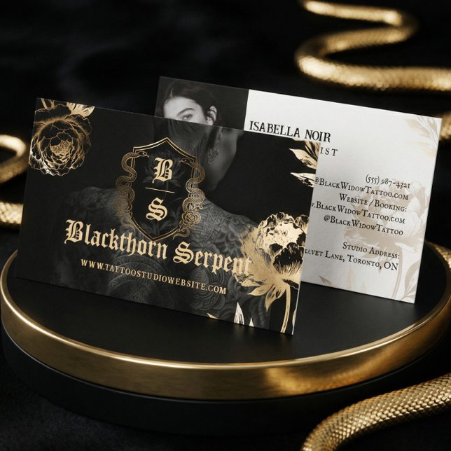 Carte De Visite Tattoo Artist Photo Monogram Black Gold Snake  (Tattoo Artist Photo Monogram Black Gold Snake Business Card)