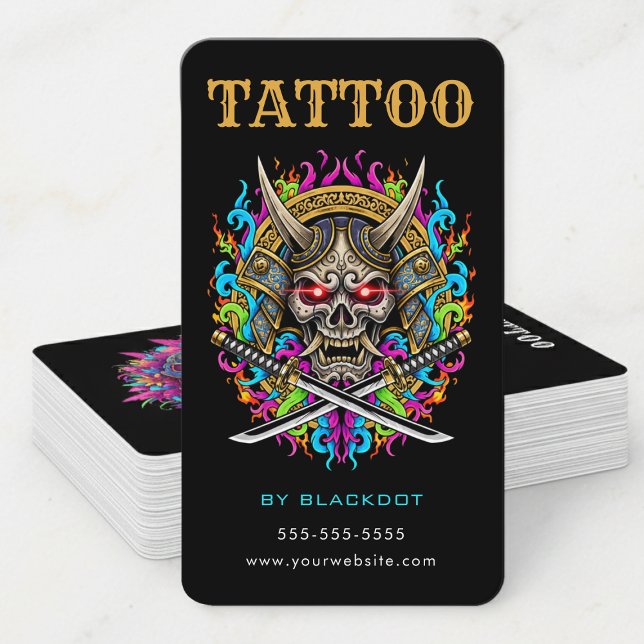 Carte De Visite Tattoo Artist Samurai Skull Tattoo Studio QR Code (Créateur téléchargé)