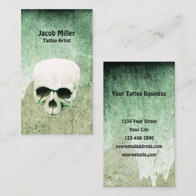 Carte De Visite Tattoo Artist Skull Green Gothic (Devant / Derrière)