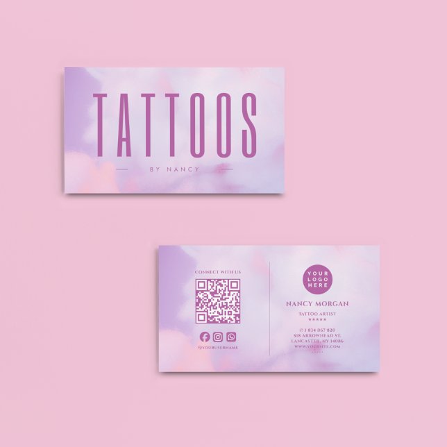 Carte De Visite Tattoo Artiste QR Code & Logo Holographique violet (Créateur téléchargé)