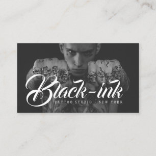 Carte De Visite Tattoo studio photo noir script blanc calligraphie