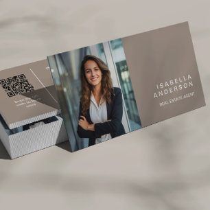 Carte De Visite Taupe Moderne Immobilier Professionnel Photo QR