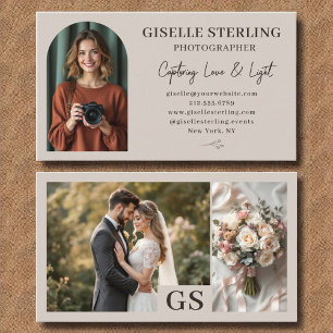 Carte De Visite Taupe Neutre Élégant Script Photo Professionnel