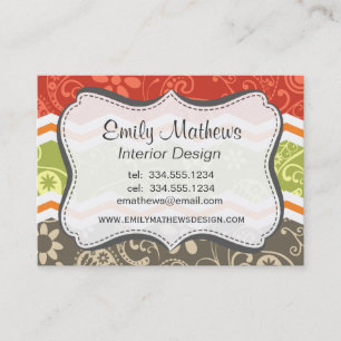 Carte De Visite Taupe, rouge, vert et orange Paisley Chevron