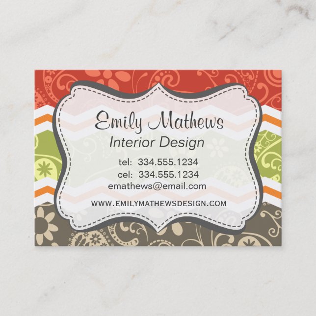Carte De Visite Taupe, rouge, vert et orange Paisley Chevron (Devant)