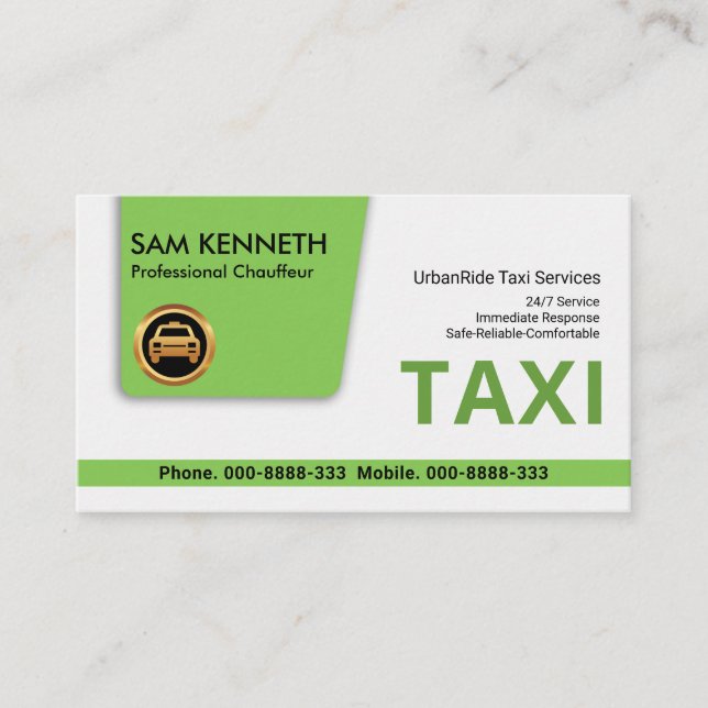 Carte De Visite Taxi Vert Élégance Onglet spécial Taxi Chauffeur (Devant)