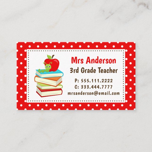Carte de visite Teacher Bookworm Points Rouges (Devant)