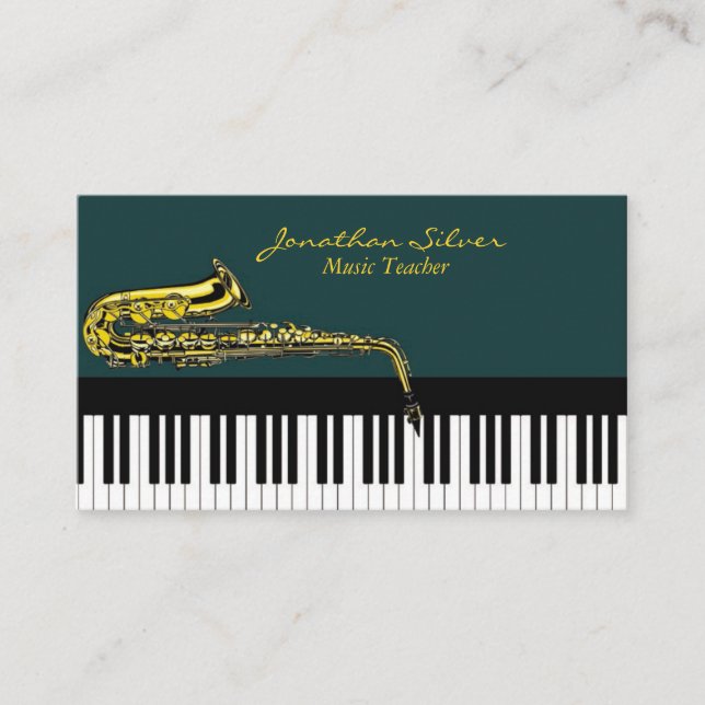 Carte De Visite Teacher de musique Elegant Piano Keys & Saxophone (Devant)