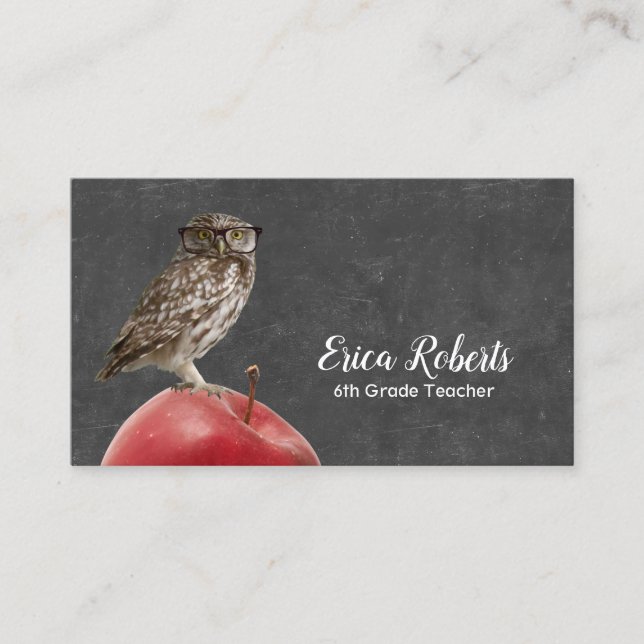 Carte De Visite Teacher Tutor Nerdy Owl & Apple Chalkboard (Devant)
