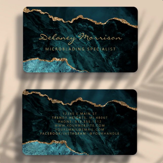Carte De Visite Teal Blue Gold Agate Microblading Arrondi (Créateur téléchargé)