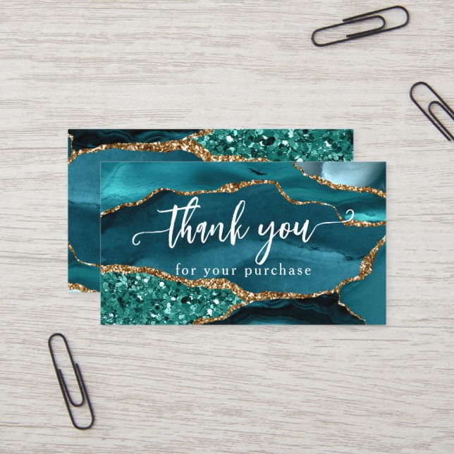 Carte De Visite Teal Glam Paillet Agate Merci Client Insérer (Devant/Arrière en situation)