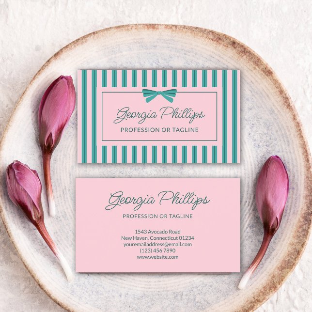 Carte De Visite Teal & Pink rayures & nœud rétro (Créateur téléchargé)