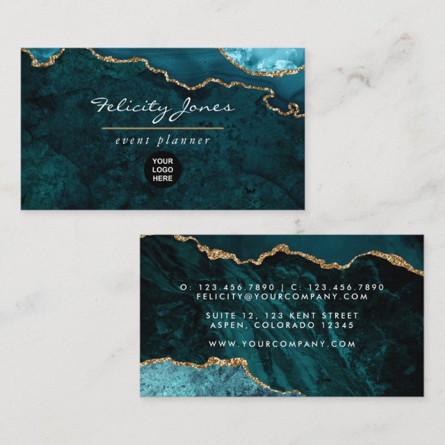 Carte De Visite Teal - Turquoise et pierre d'agate géode dorée (Devant / Derrière)