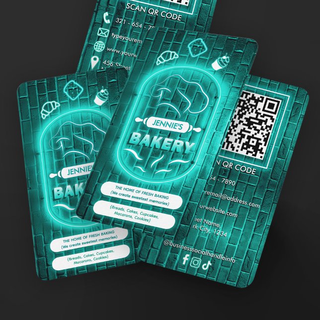 Carte De Visite Teal Turquoise Mint Neon Bakery Custom Logo Name (Créateur téléchargé)