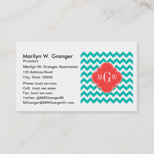 Carte De Visite Teal White Chevron Coral Quatrefoil 3 monogram