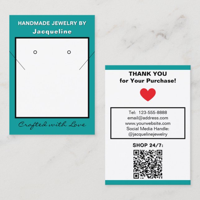 Carte De Visite Teal White Necklace Earrings Website QR Code (Devant / Derrière)