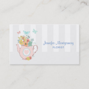 Carte De Visite Teapot rose avec Fleurs et Papillons Vintage