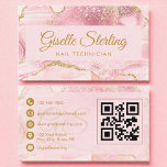 Carte De Visite Technicien à ongles Blush Pink Gold Agate QR Code<br><div class="desc">Elégant design de carte de visite en marbre rose et or, idéal pour les techniciens en clous et les professionnels de la beauté. Comprend un code QR moderne pour un partage de contacts facile, une police de nom de script élégante et une disposition propre avec des icônes sociales. Un design...</div>
