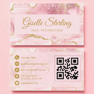 Carte De Visite Technicien à ongles Blush Pink Gold Agate QR Code
