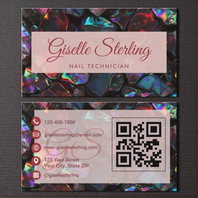 Carte De Visite Technicien à ongles Noir Gemstone QR Code (Créateur téléchargé)