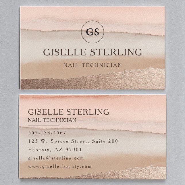 Carte De Visite Technicien à ongles Rose Gold Blush Beige Aquarell (Créateur téléchargé)
