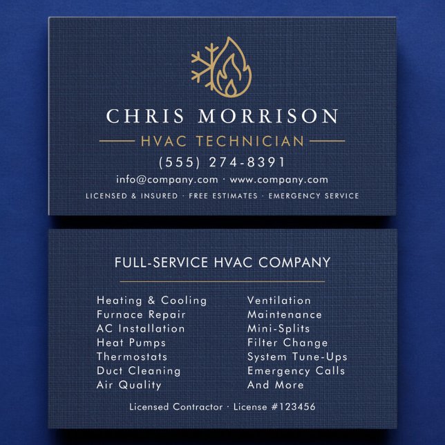 Carte De Visite Technicien CVC Bleu Nuit Or Lin (Créateur téléchargé)