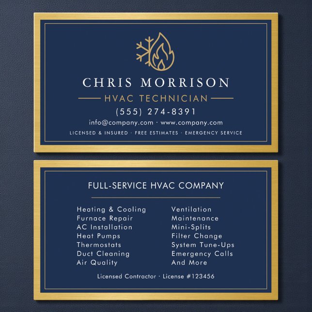 Carte De Visite Technicien CVC Bleu Nuit Or Métallisé (Créateur téléchargé)