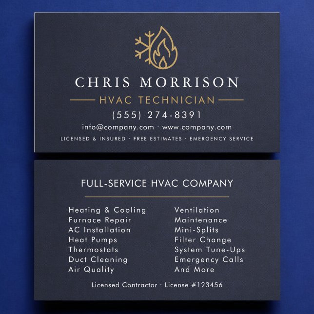 Carte De Visite Technicien CVC Bleu Nuit Or Moderne (Créateur téléchargé)