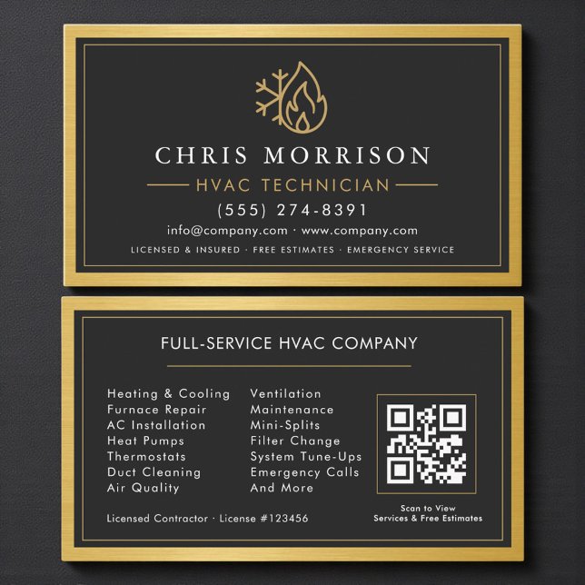 Carte De Visite Technicien CVC QR Code Simple Métallisé Or (Créateur téléchargé)