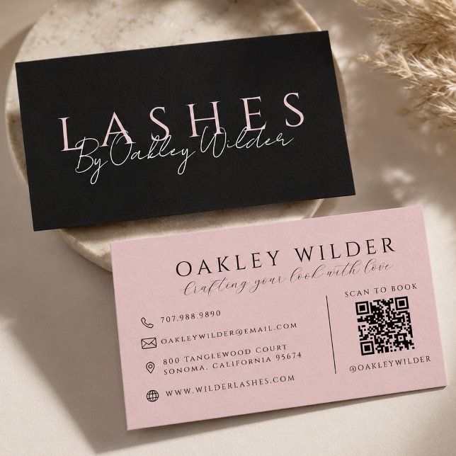 Carte De Visite Technicien de cils Code QR Rose Noir (Créateur téléchargé)