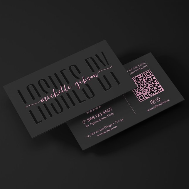 Carte De Visite Technicien de cils esthétique Monogramme Rose Noir (Aesthetic Lash Technician Black Pink Monogram QR Business Card
)