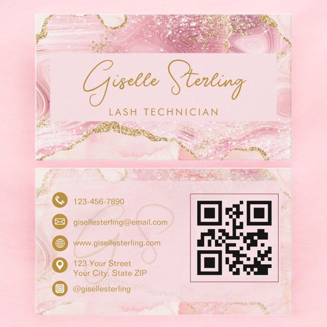 Carte De Visite Technicien de Cils Luxe Code QR Agate Rose Gold (Créateur téléchargé)