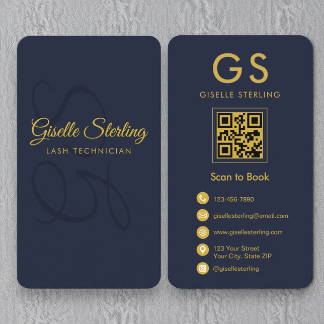 Carte De Visite Technicien de lash Monogram Marine Blue Gold QR Co (Créateur téléchargé)