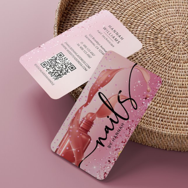 Carte De Visite Technicien de l'ongle Rose Gold & Pink QR Code (Créateur téléchargé)