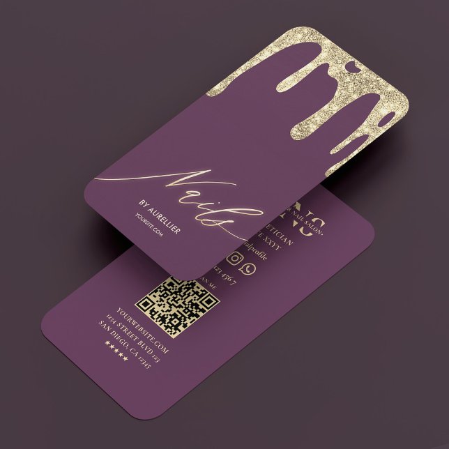 Carte De Visite Technicien de luxe à ongles laque d'or violet (Luxury Nail Technician Nail Artist Purple Gold Business Card
)