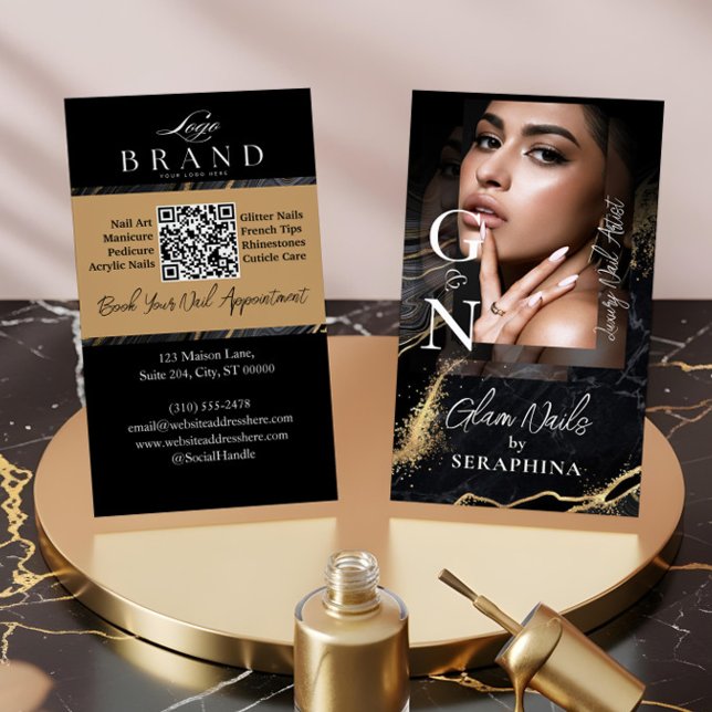 Carte De Visite Technicien de Manucure Luxueux Artiste Agate Noir  (Luxury Nail Technician Artist Black Gold Agate Business Card)