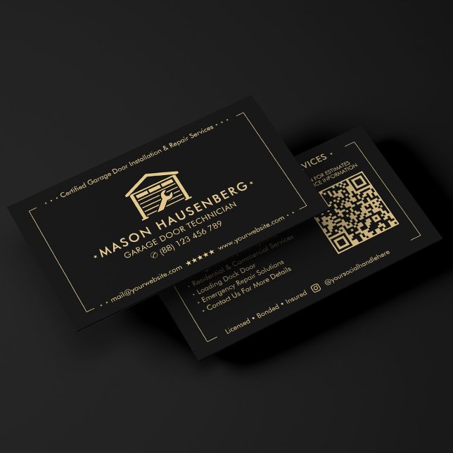 Carte De Visite Technicien de porte de garage moderne Noir  (Modern Garage Door Technician Black Business Card
)