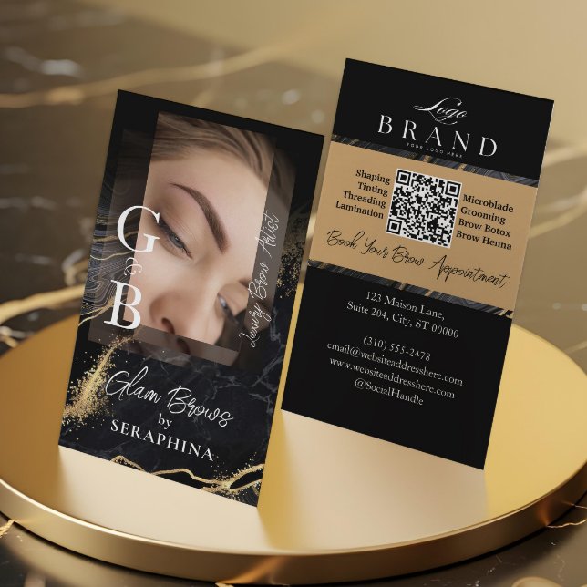 Carte De Visite Technicien de sourcils de luxe Artiste Agate noir  (Luxury Brow Technician Artist Black Gold Agate Business Card)