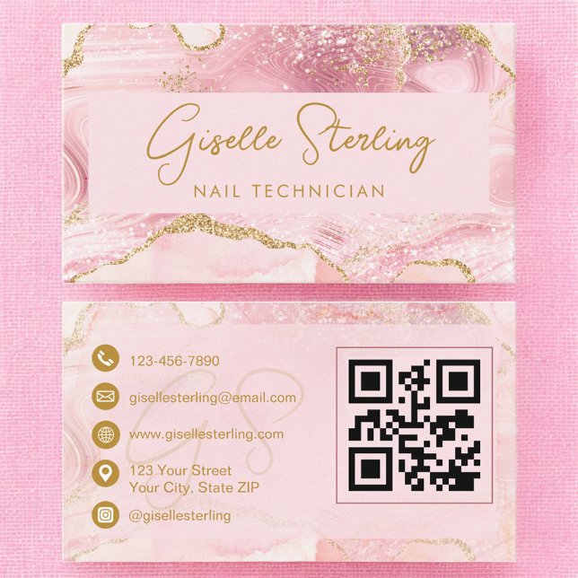 Carte De Visite Technicien en Onglerie Luxe Code QR Agate Rose Gol (Créateur téléchargé)