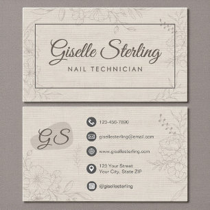 Carte De Visite Technicien en onglerie Neutre Lin Floral Élégant