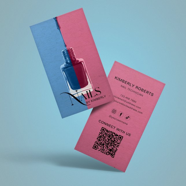 Carte De Visite Technicien en Ongles Rose Moderne Bleu  (Créateur téléchargé)
