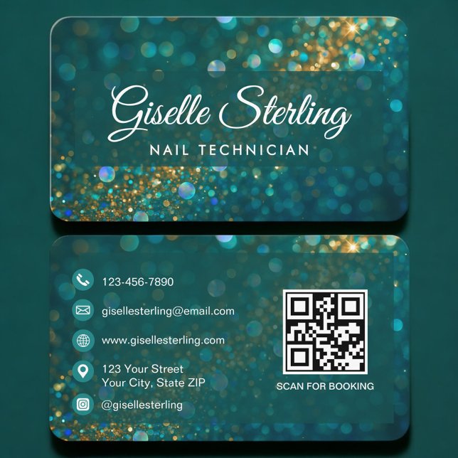 Carte De Visite Technicien en Ongles Vert Or Code QR Professionnel (Créateur téléchargé)