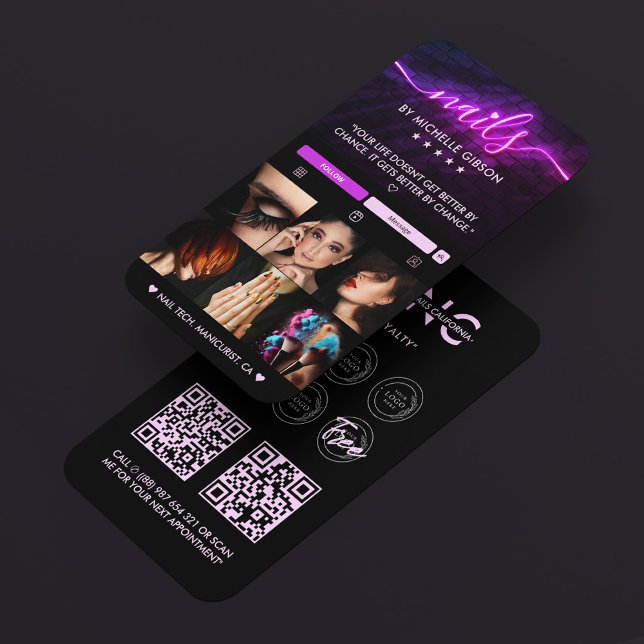 Carte De Visite Technicien en Ongles Violet Noir Récompense de Fid (Nail Tech Purple Black Nail Artist Reward Loyalty Business Card
)