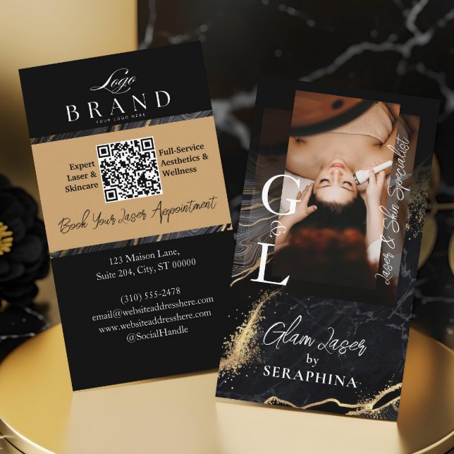 Carte De Visite Technicien Laser Luxe & Peau Agate Noir Or (Luxury Laser & Skin Technician Black Gold Agate Business Card)