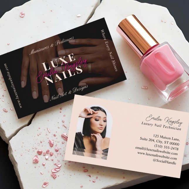 Carte De Visite Technicien Manucure Ongles Luxe Élégant Noir Rose (Elegant Luxe Nail Manicurist Technician Black Pink Business Card)