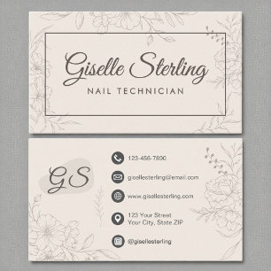 Carte De Visite Technicien Nail Neutral Ivory Floral Élégant