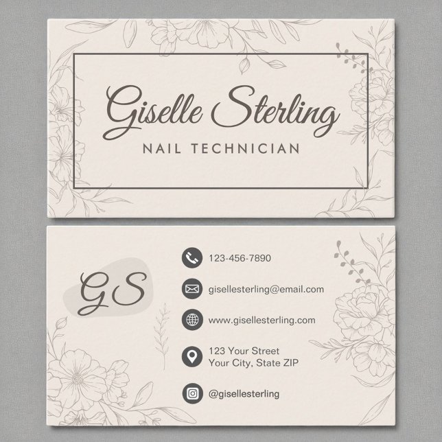 Carte De Visite Technicien Nail Neutral Ivory Floral Élégant (Créateur téléchargé)